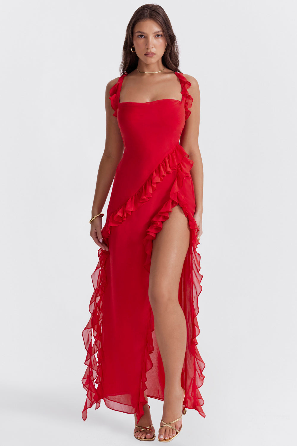 Women's Elegant Ruffle Maxi Dress with Thigh Split - Sofia Maris