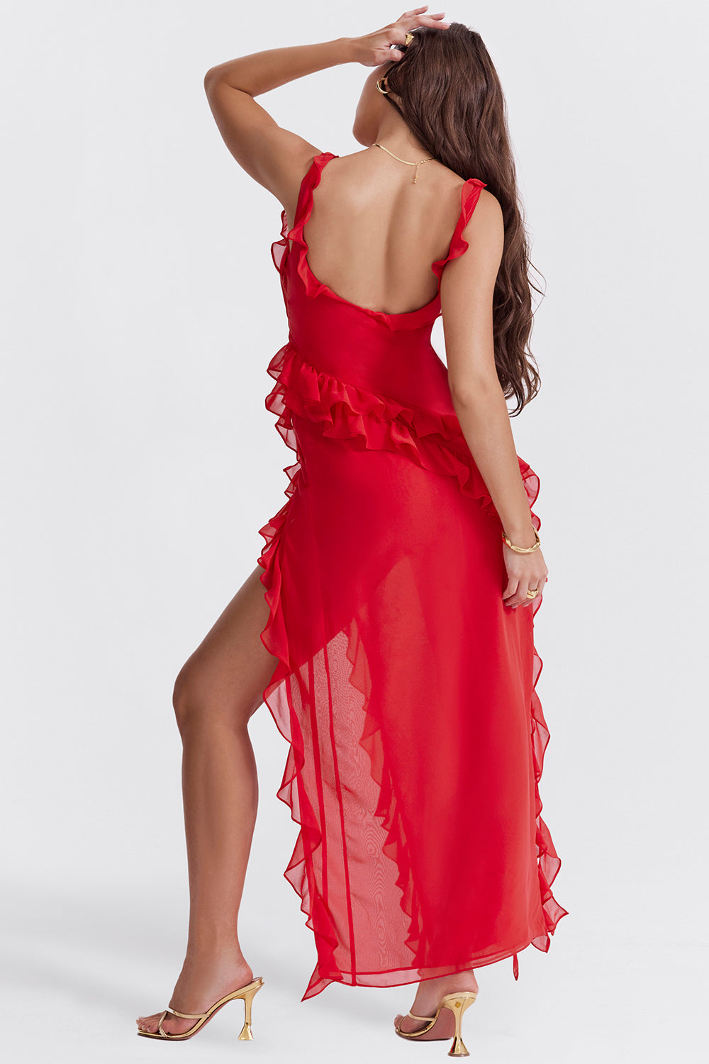 Women's Elegant Ruffle Maxi Dress with Thigh Split - Sofia Maris