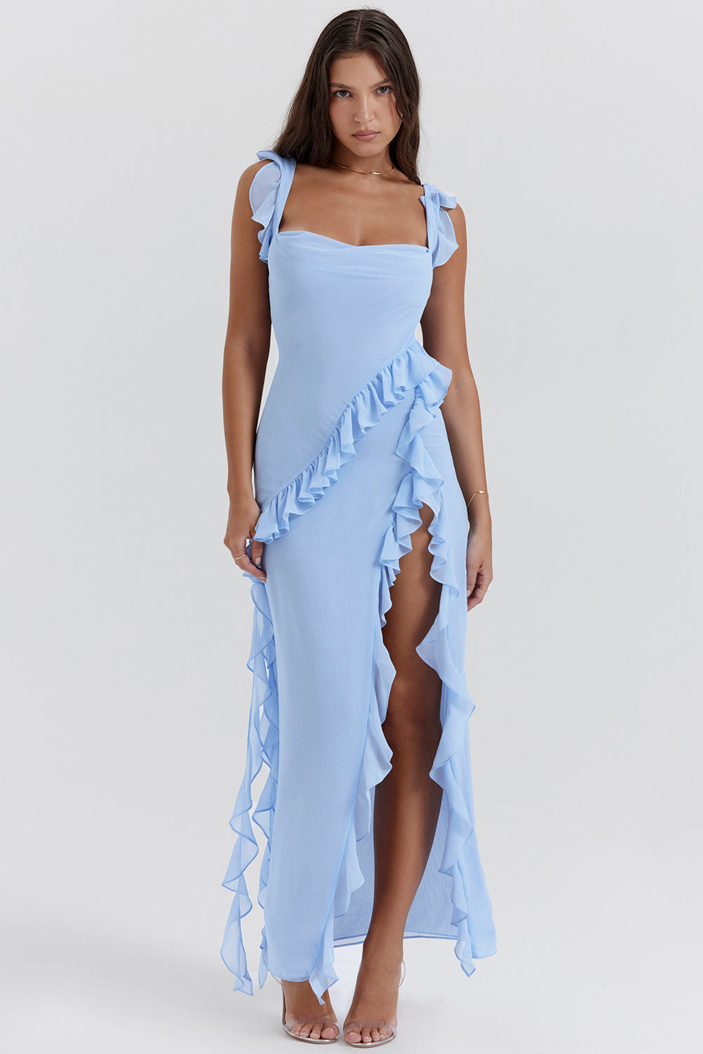 Women's Elegant Ruffle Maxi Dress with Thigh Split - Sofia Maris