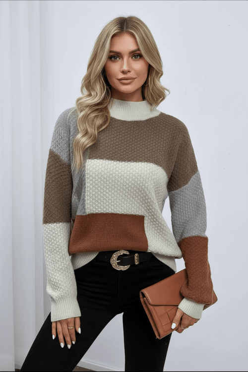Ailani – Women’s Relaxed Fit Textured Patchwork Knit Sweatshirt - Sofia Maris