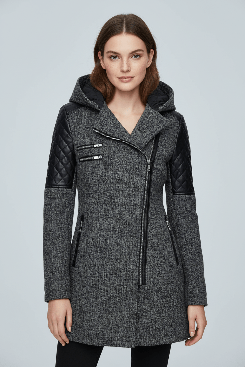 Annabel – Women’s Tailored Jacket with Quilted Sleeves & Asymmetrical Zip Hooded Design - Sofia Maris
