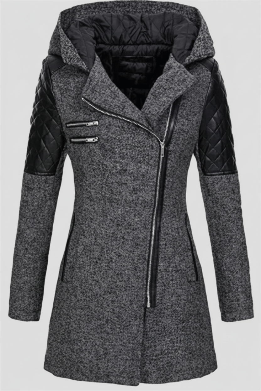 Annabel – Women’s Tailored Jacket with Quilted Sleeves & Asymmetrical Zip Hooded Design - Sofia Maris