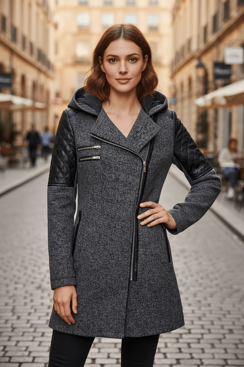 Annabel – Women’s Tailored Jacket with Quilted Sleeves & Asymmetrical Zip Hooded Design - Sofia Maris