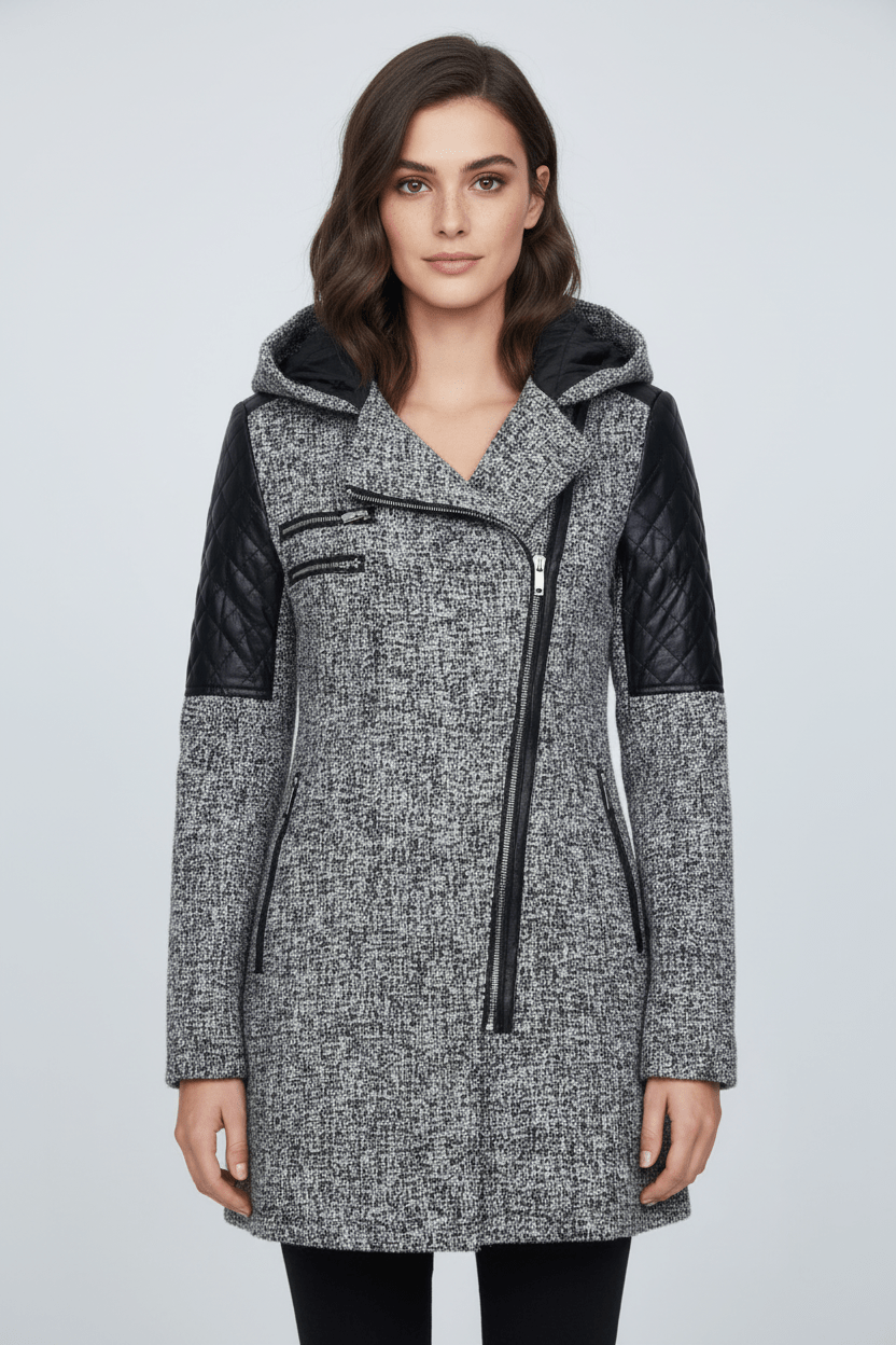 Annabel – Women’s Tailored Jacket with Quilted Sleeves & Asymmetrical Zip Hooded Design - Sofia Maris