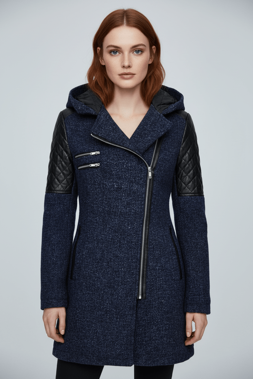 Annabel – Women’s Tailored Jacket with Quilted Sleeves & Asymmetrical Zip Hooded Design - Sofia Maris