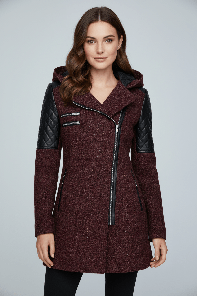 Annabel – Women’s Tailored Jacket with Quilted Sleeves & Asymmetrical Zip Hooded Design - Sofia Maris