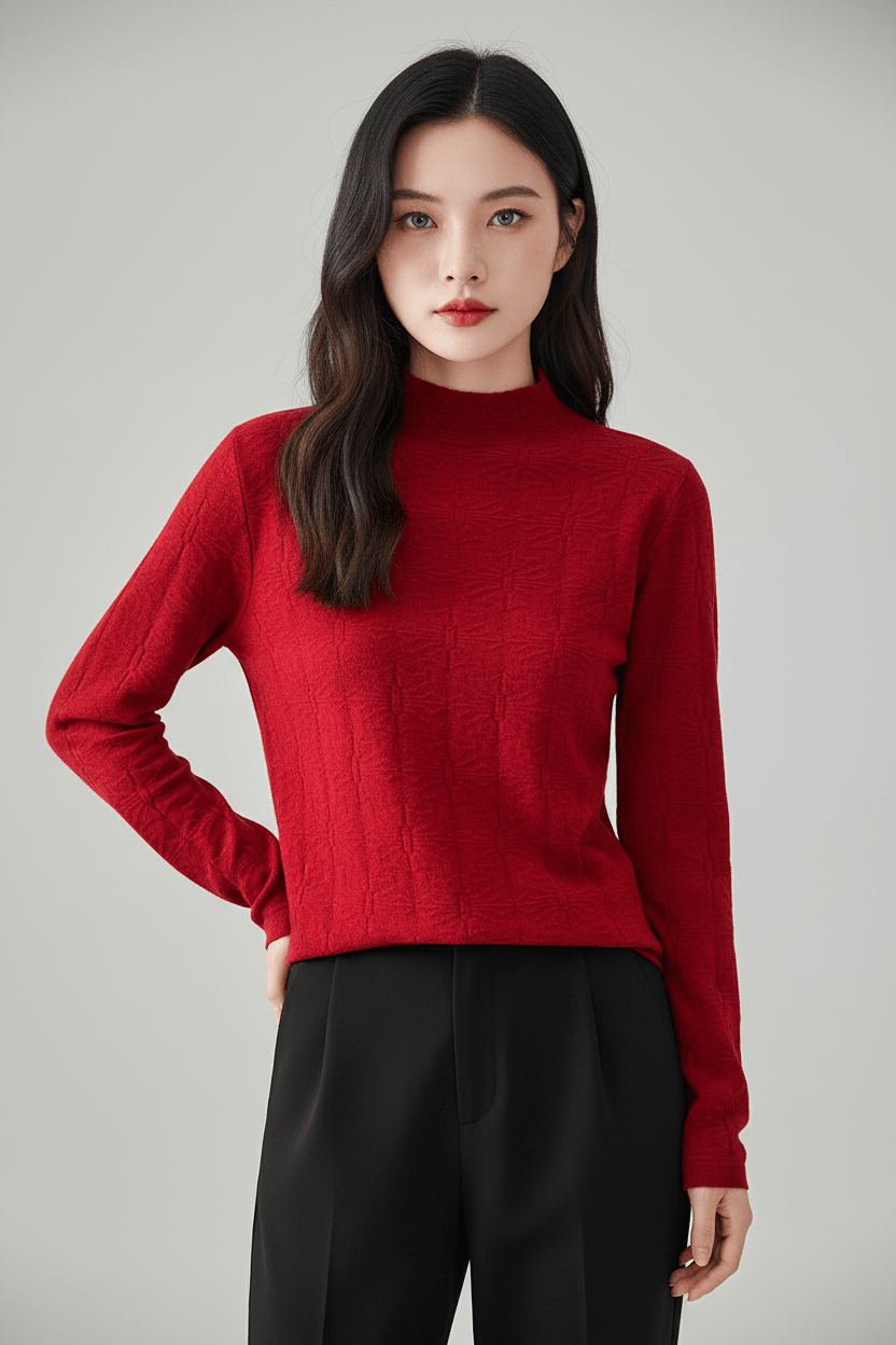 Women’s Textured Knit Jumper with Mock Neck and Slim Fit - Sofia Maris