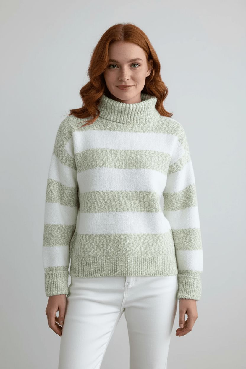 Women’s Plush Knit Jumper with Ribbed Turtleneck and Striped Texture - Sofia Maris