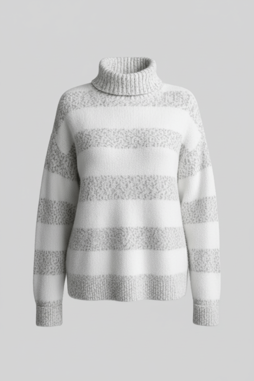 Women’s Plush Knit Jumper with Ribbed Turtleneck and Striped Texture - Sofia Maris