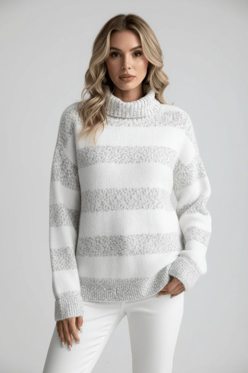 Women’s Plush Knit Jumper with Ribbed Turtleneck and Striped Texture - Sofia Maris