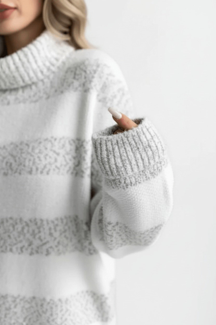 Women’s Plush Knit Jumper with Ribbed Turtleneck and Striped Texture - Sofia Maris
