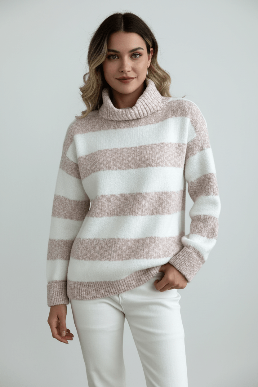 Women’s Plush Knit Jumper with Ribbed Turtleneck and Striped Texture - Sofia Maris
