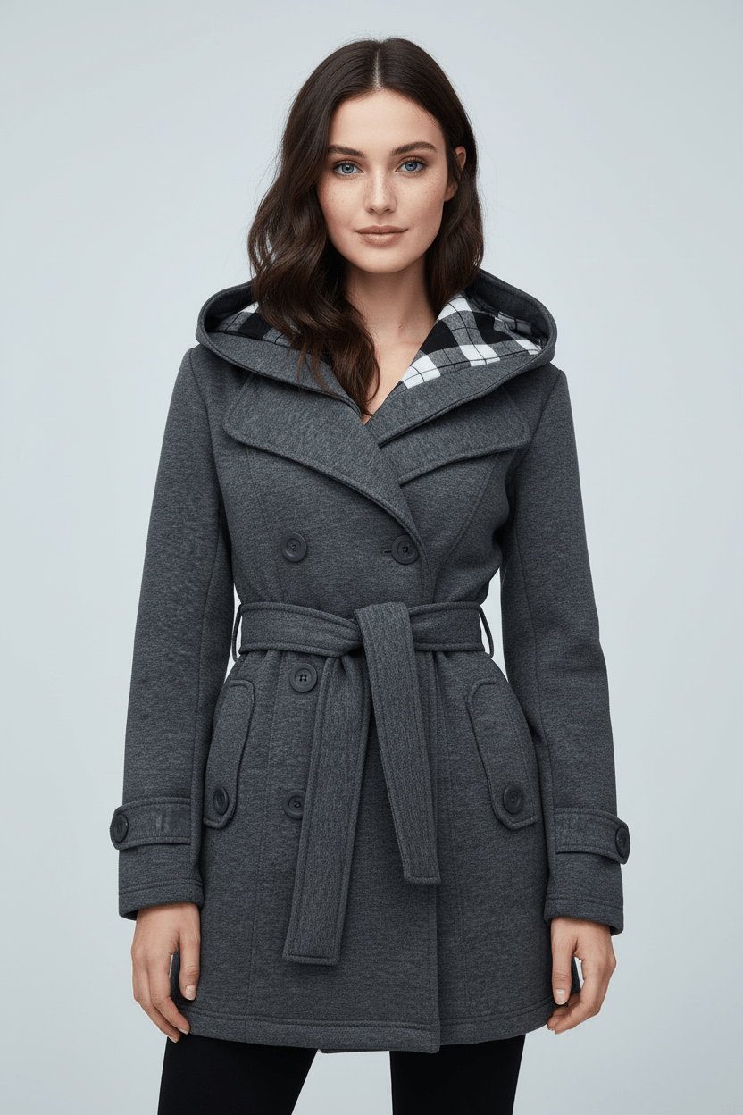 Hermione – Women’s Wool Blend Double-Breasted Hooded Coat with Belted Waist - Sofia Maris