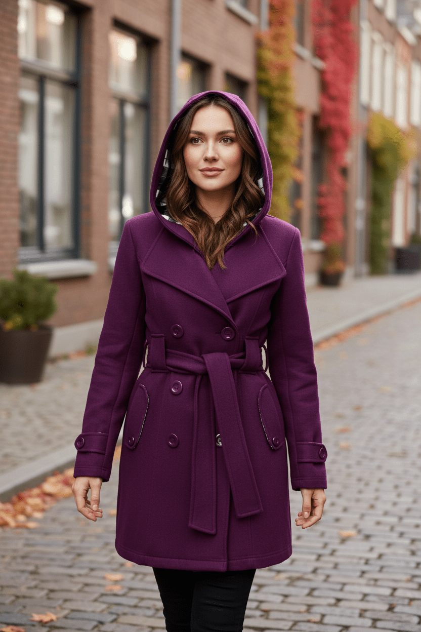 Hermione – Women’s Wool Blend Double-Breasted Hooded Coat with Belted Waist - Sofia Maris
