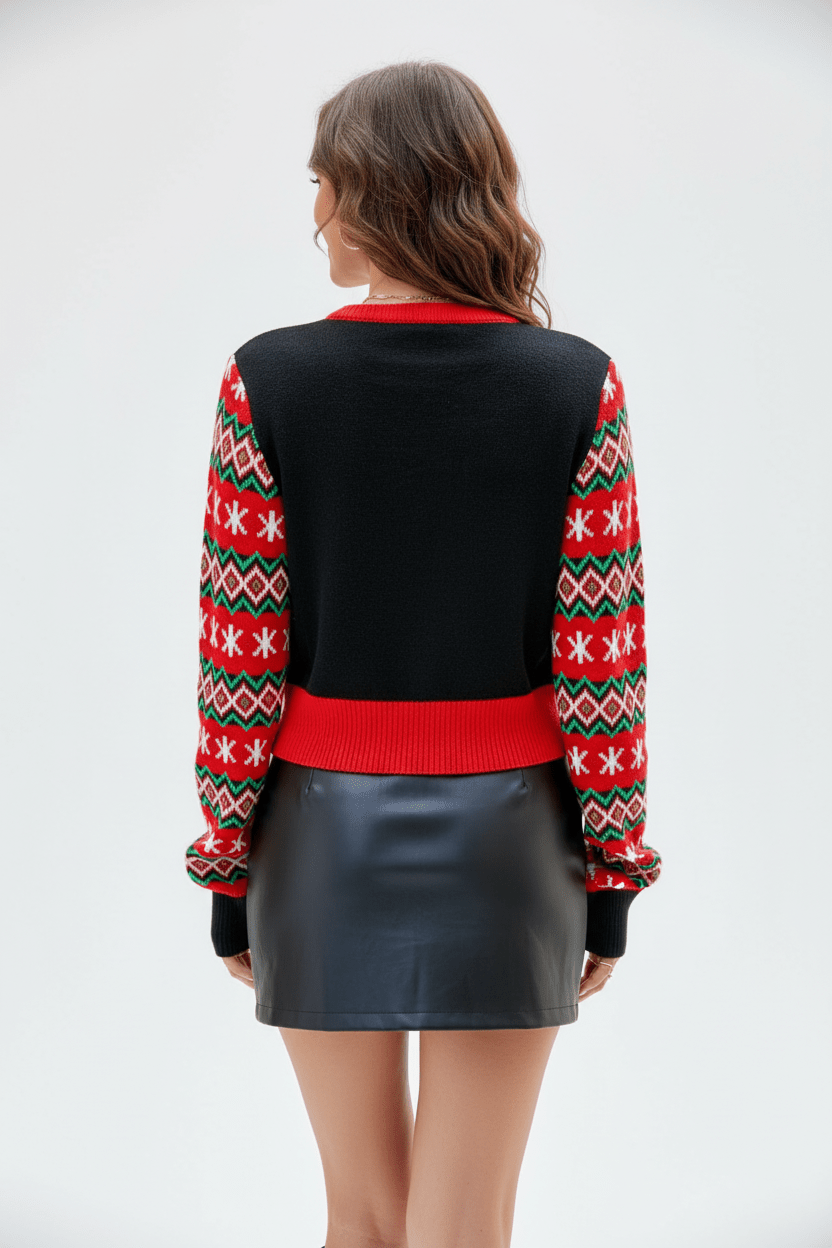 Indra – Women’s Christmas Cropped Knit Sweatshirt with Graphic Front and Patterned Sleeves - Sofia Maris