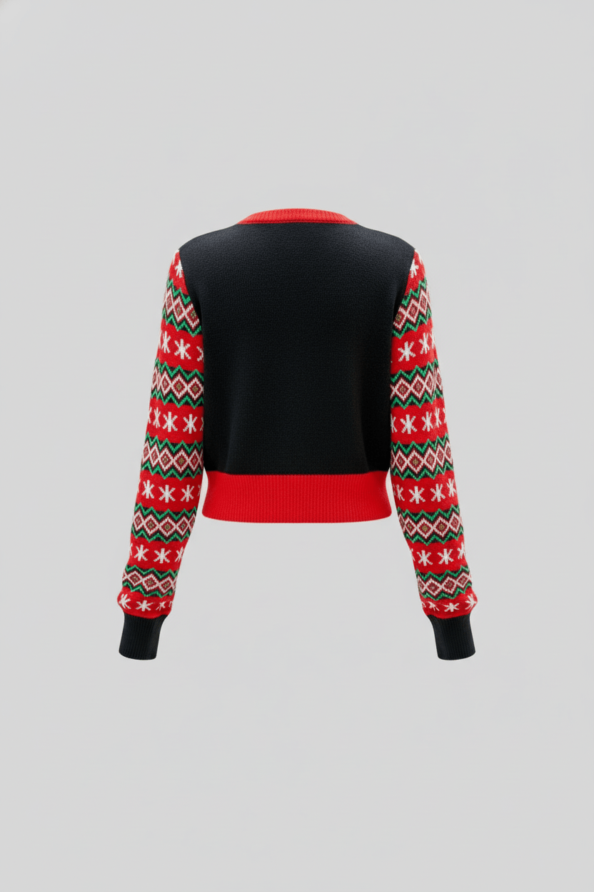 Indra – Women’s Christmas Cropped Knit Sweatshirt with Graphic Front and Patterned Sleeves - Sofia Maris