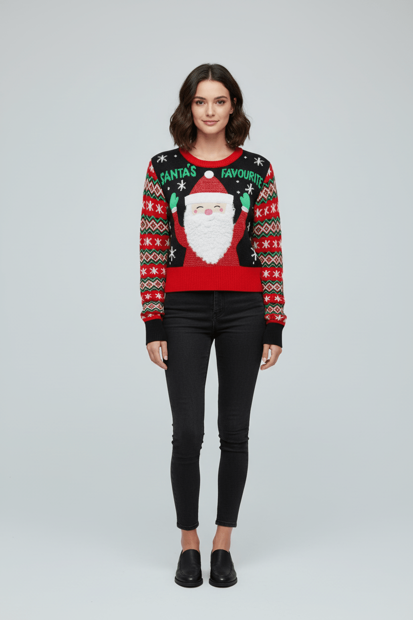 Indra – Women’s Christmas Cropped Knit Sweatshirt with Graphic Front and Patterned Sleeves - Sofia Maris