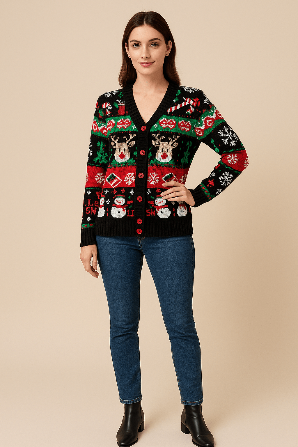 Leya – Women’s Christmas Festive Knit Cardigan with Holiday Motif and Ribbed Trim - Sofia Maris
