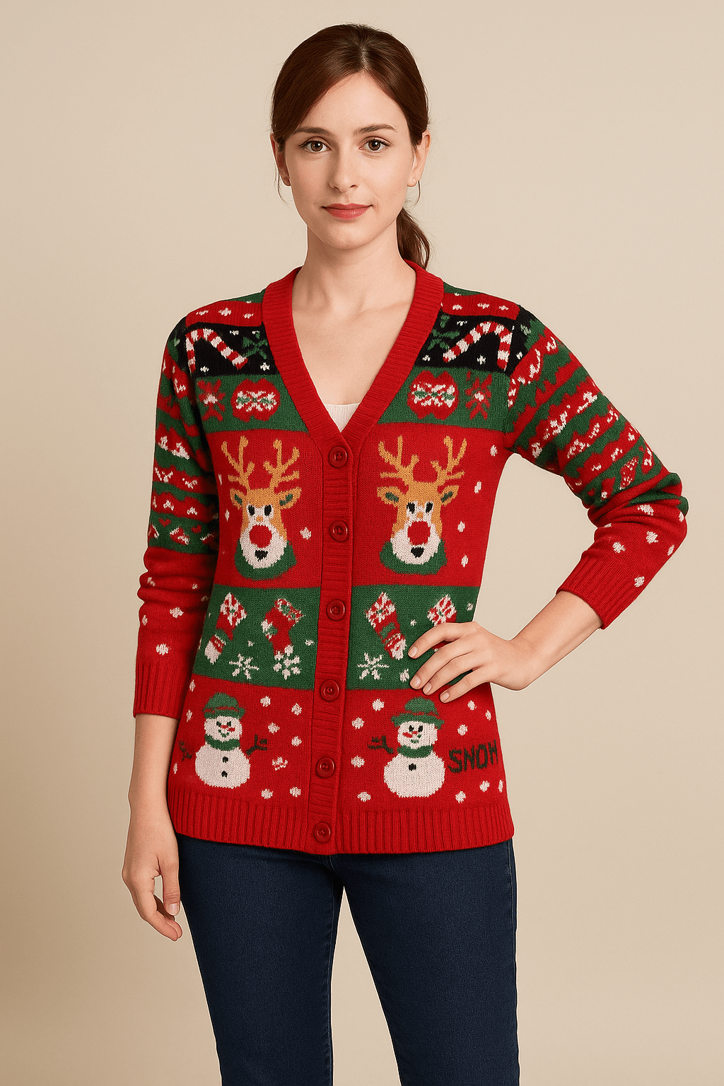 Leya – Women’s Christmas Festive Knit Cardigan with Holiday Motif and Ribbed Trim - Sofia Maris