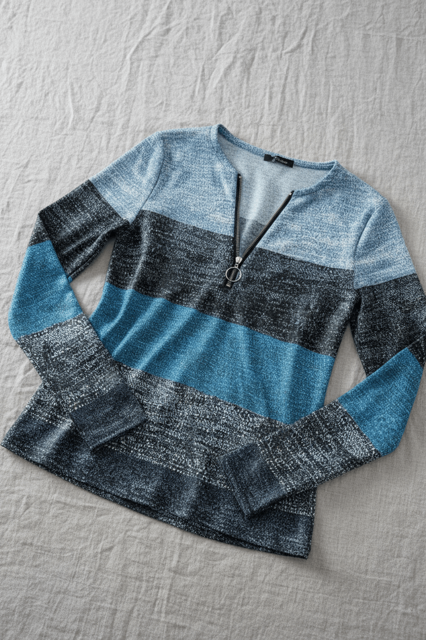 Lior – Women’s Long Sleeve Knit Shirt with Zipper Collar and Spliced Print - Sofia Maris