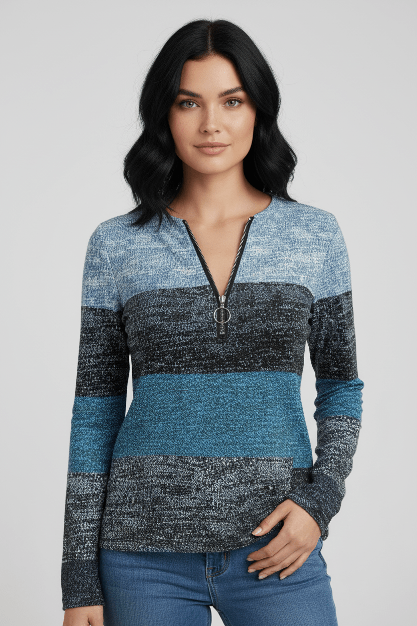Lior – Women’s Long Sleeve Knit Shirt with Zipper Collar and Spliced Print - Sofia Maris