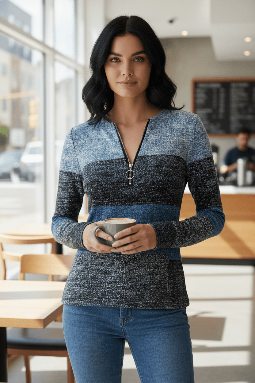 Lior – Women’s Long Sleeve Knit Shirt with Zipper Collar and Spliced Print - Sofia Maris