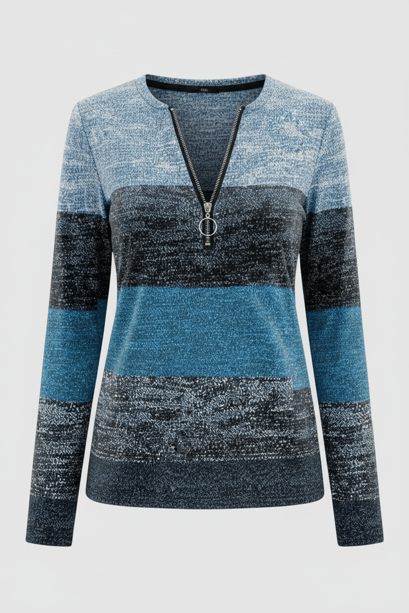 Lior – Women’s Long Sleeve Knit Shirt with Zipper Collar and Spliced Print - Sofia Maris