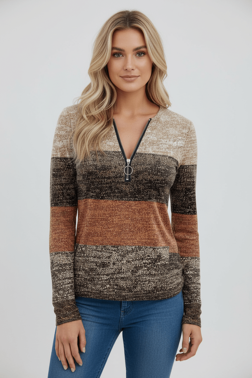 Lior – Women’s Long Sleeve Knit Shirt with Zipper Collar and Spliced Print - Sofia Maris