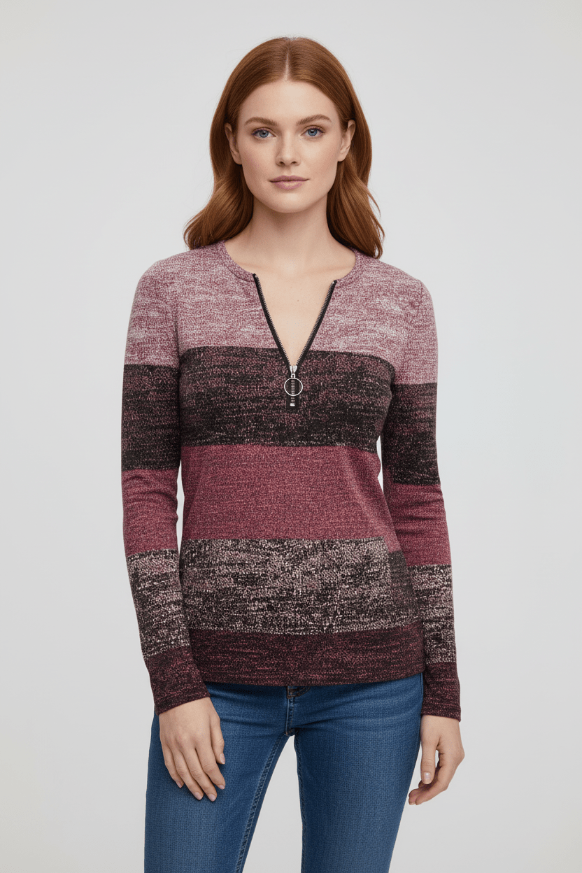 Lior – Women’s Long Sleeve Knit Shirt with Zipper Collar and Spliced Print - Sofia Maris