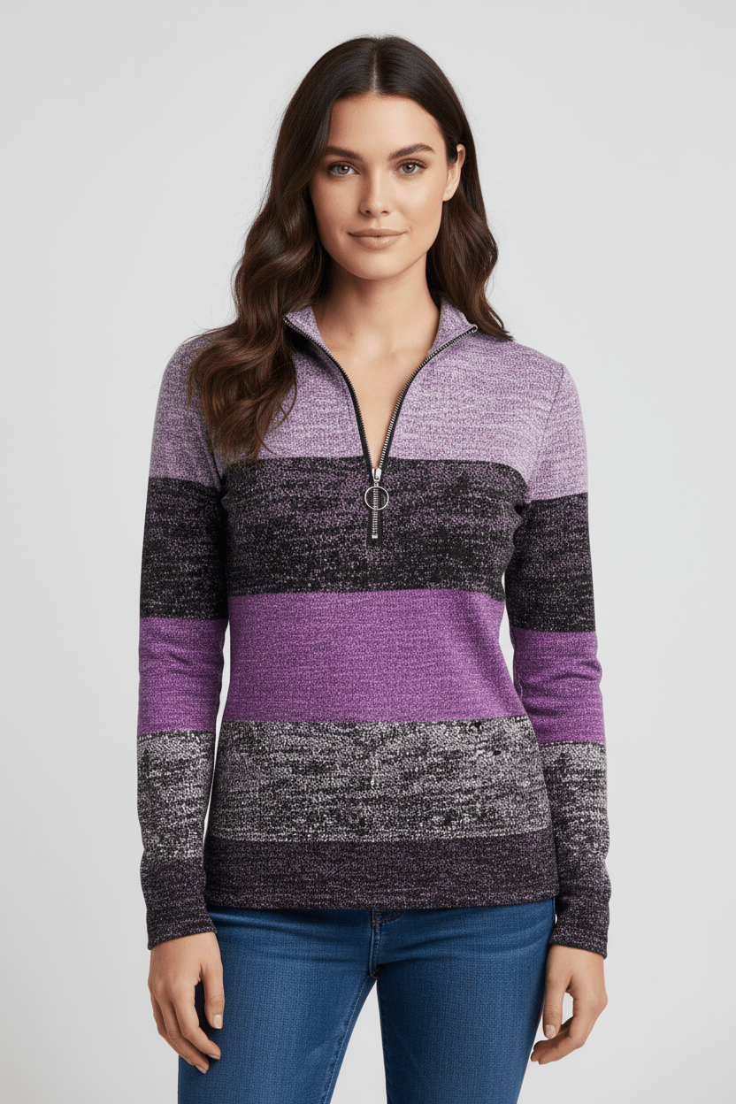 Lior – Women’s Long Sleeve Knit Shirt with Zipper Collar and Spliced Print - Sofia Maris