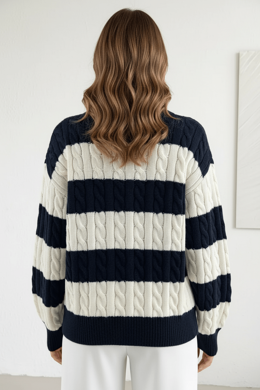 Women’s Oversized Cable Knit V-Neck Jumper with Striped Detailing