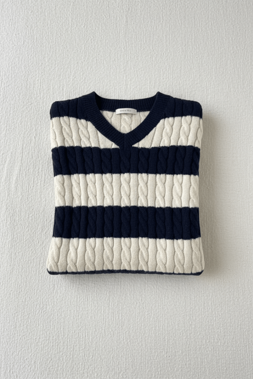 Women’s Oversized Cable Knit V-Neck Jumper with Striped Detailing