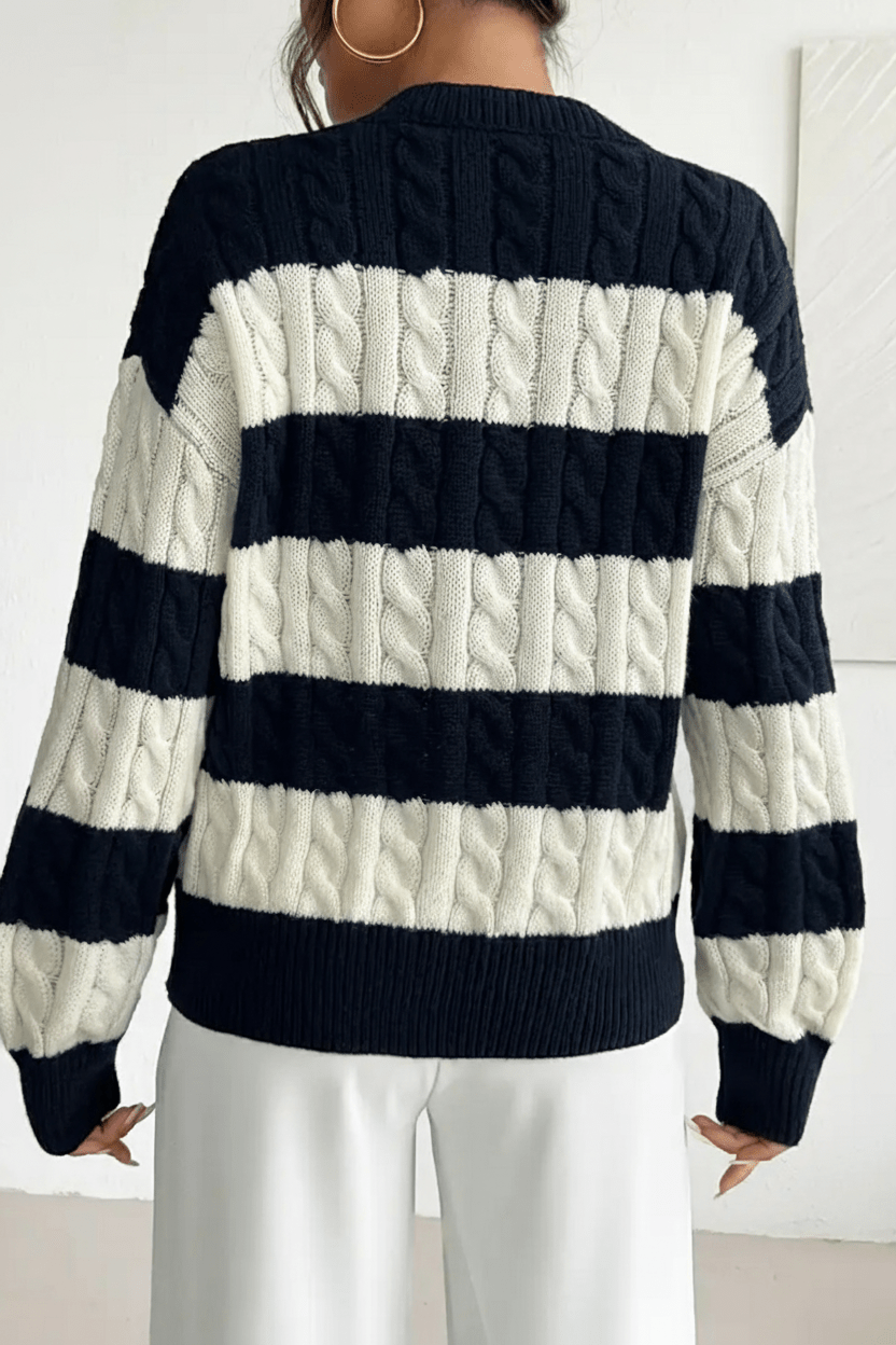 Women’s Oversized Cable Knit V-Neck Jumper with Striped Detailing