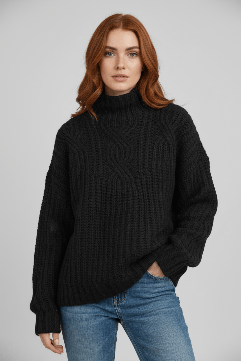 Women’s Cable Knit Jumper with High Neck - Sofia Maris