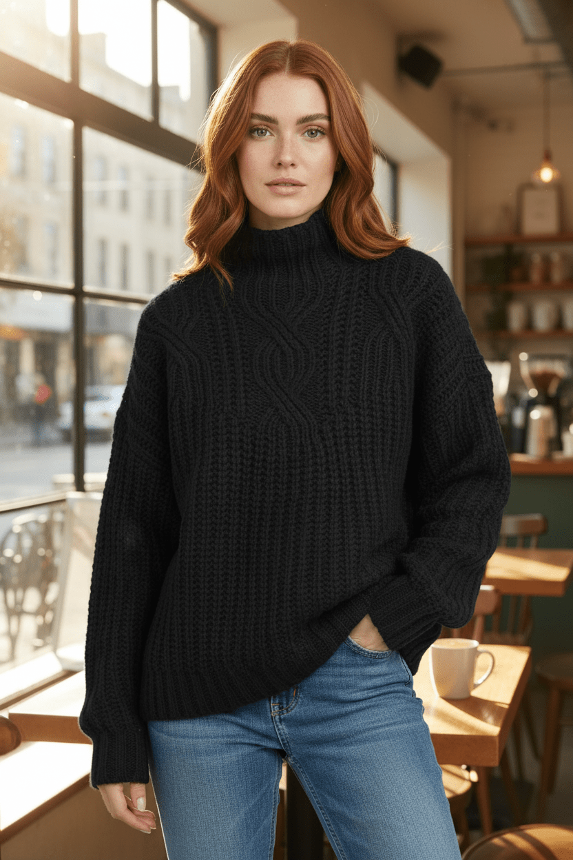 Women’s Cable Knit Jumper with High Neck - Sofia Maris