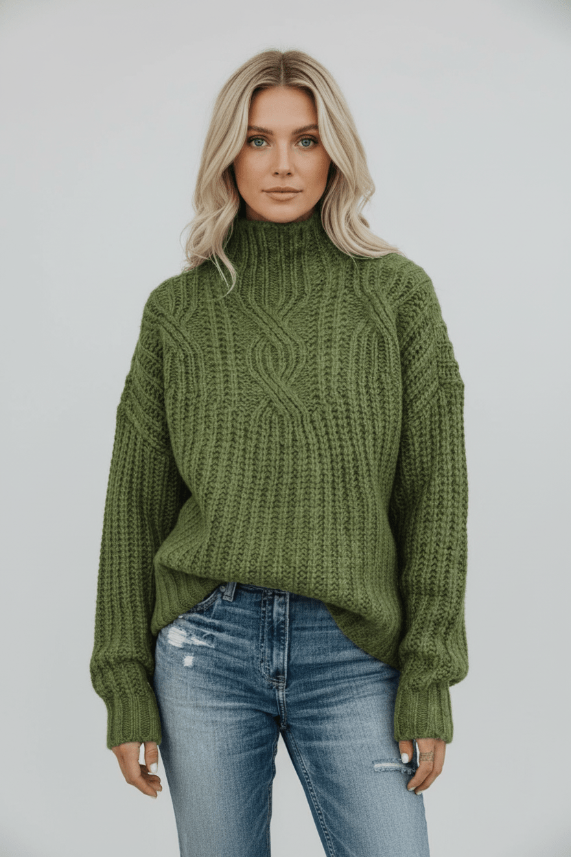 Women’s Cable Knit Jumper with High Neck - Sofia Maris