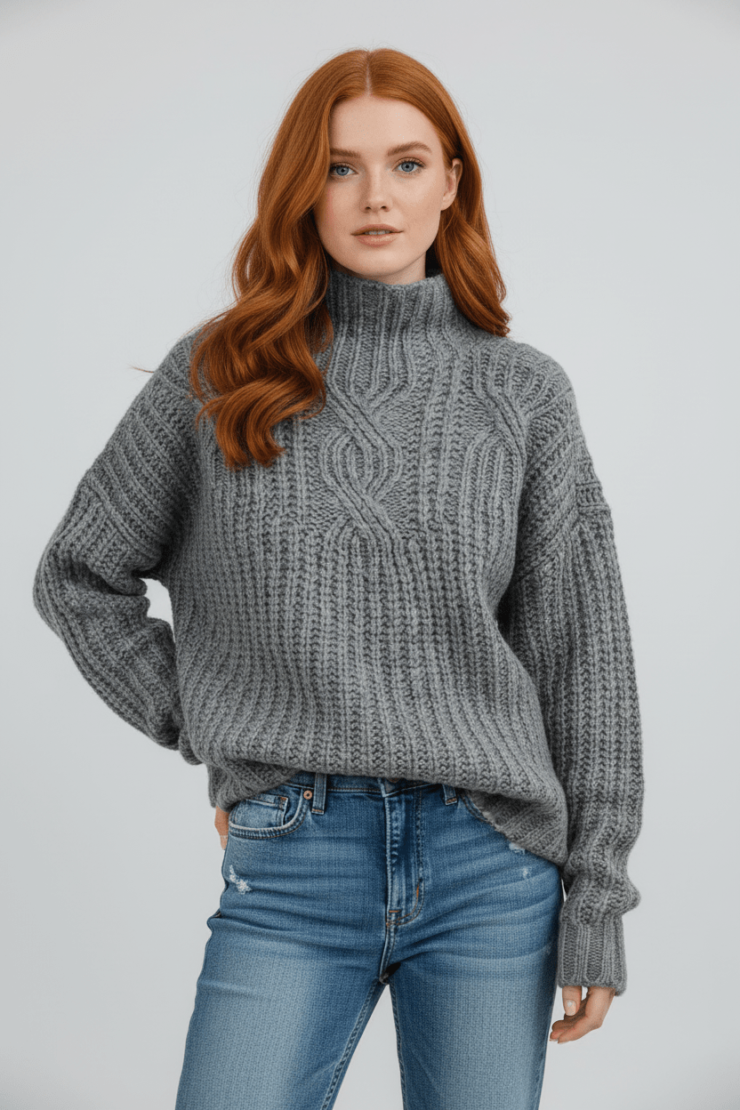 Women’s Cable Knit Jumper with High Neck - Sofia Maris