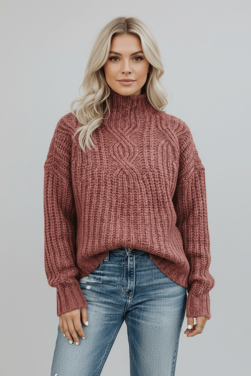 Women’s Cable Knit Jumper with High Neck - Sofia Maris