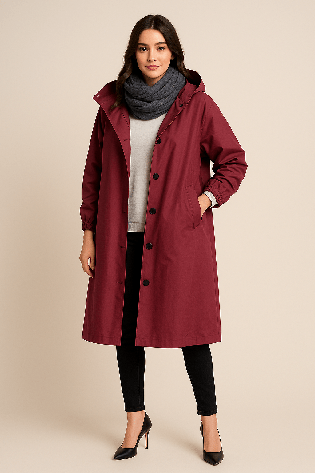 Ruby – Women’s Hooded Long Trench Coat with Pockets - Sofia Maris