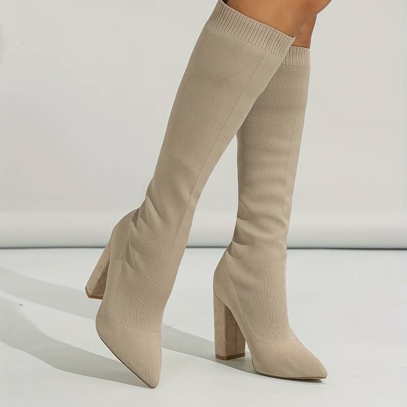 Isla Ribbed Knit Block Heel Sock Boots | Solid Knee-High Sock Boots