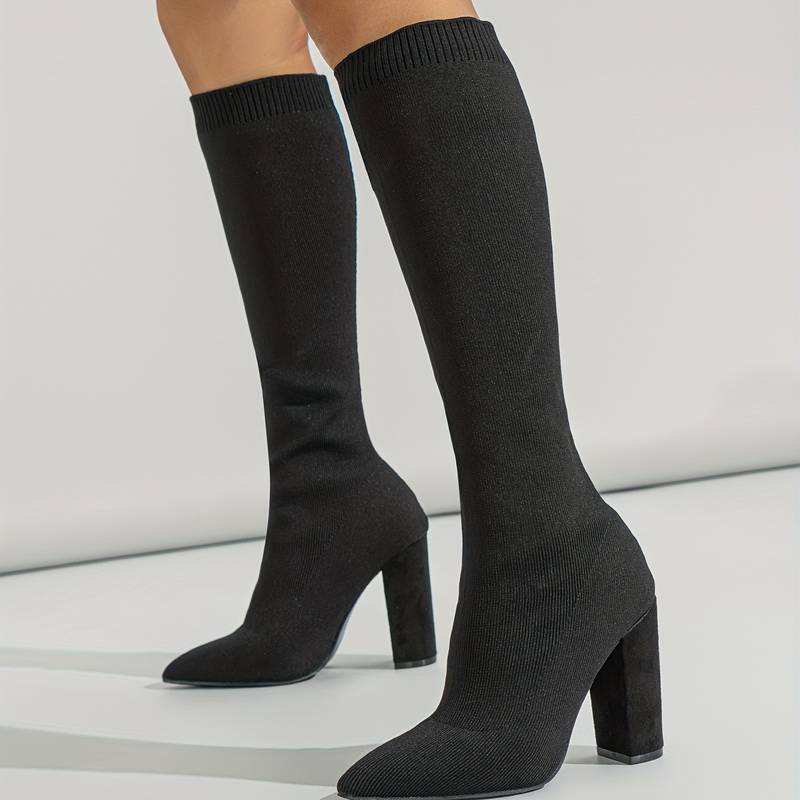 Isla Ribbed Knit Block Heel Sock Boots | Solid Knee-High Sock Boots