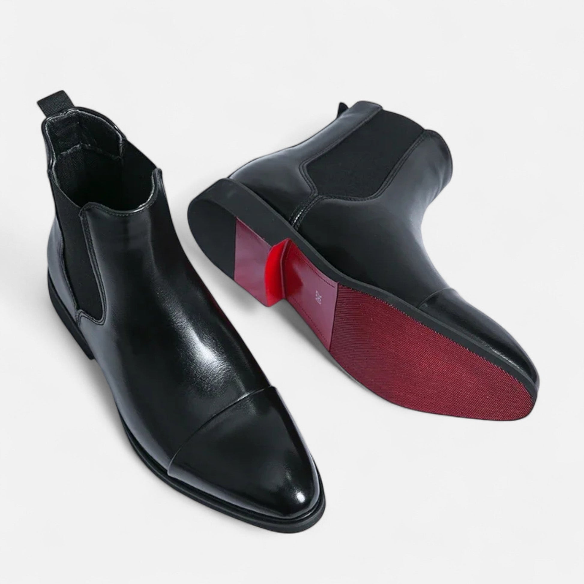 Men’s Chelsea Boots in Polished Noir with Red Sole