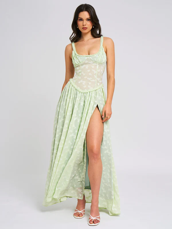 Women's Sleeveless Corset Maxi Dress with Front Slit - Sofia Maris