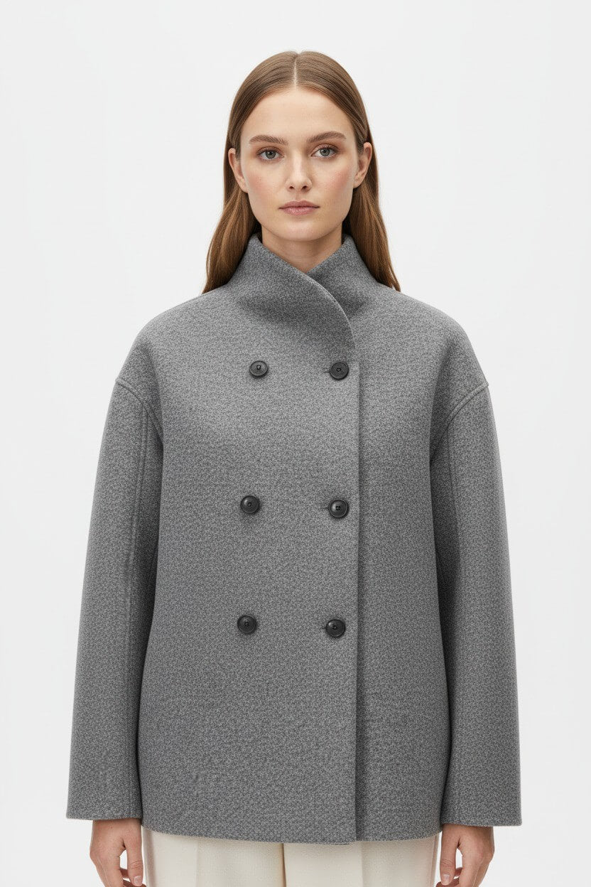 Sofia Maris | Women’s Wool Coat – Double-Breasted Tatting Weave Elegance