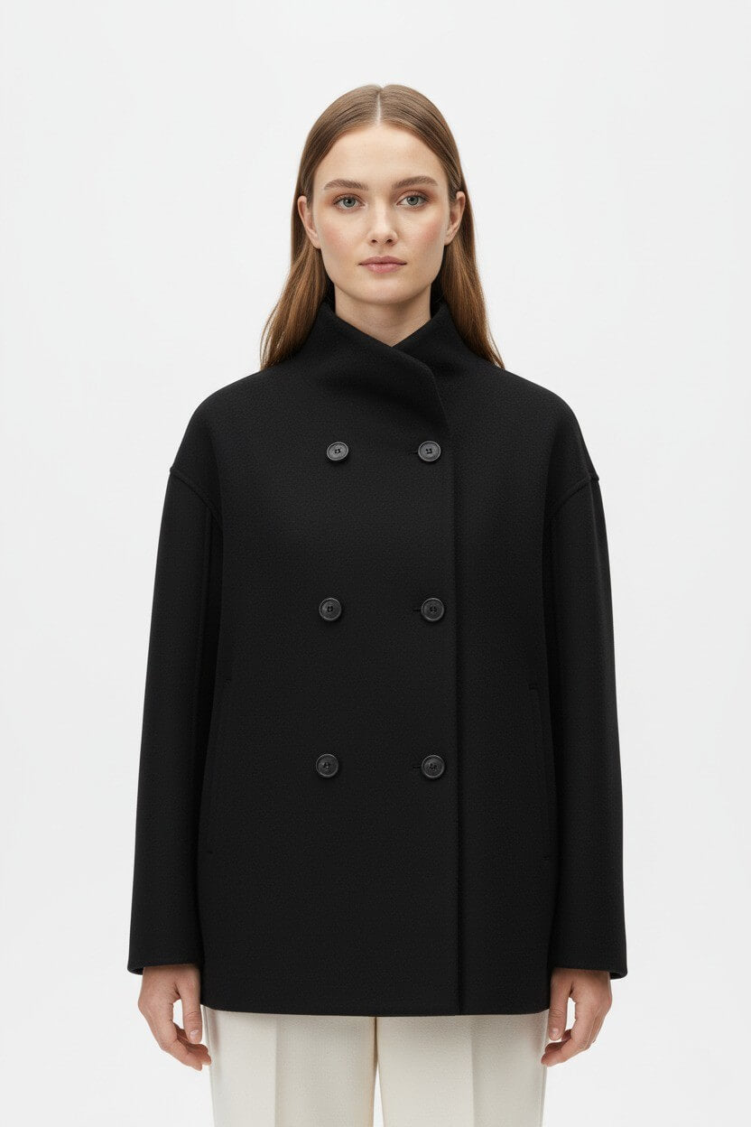 Sofia Maris | Women’s Wool Coat – Double-Breasted Tatting Weave Elegance