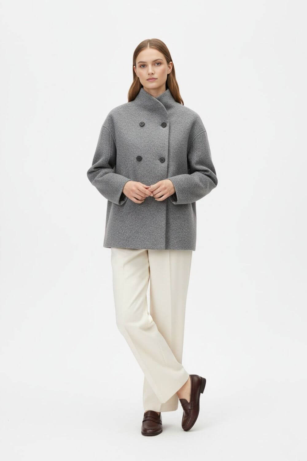 Sofia Maris | Women’s Wool Coat – Double-Breasted Tatting Weave Elegance