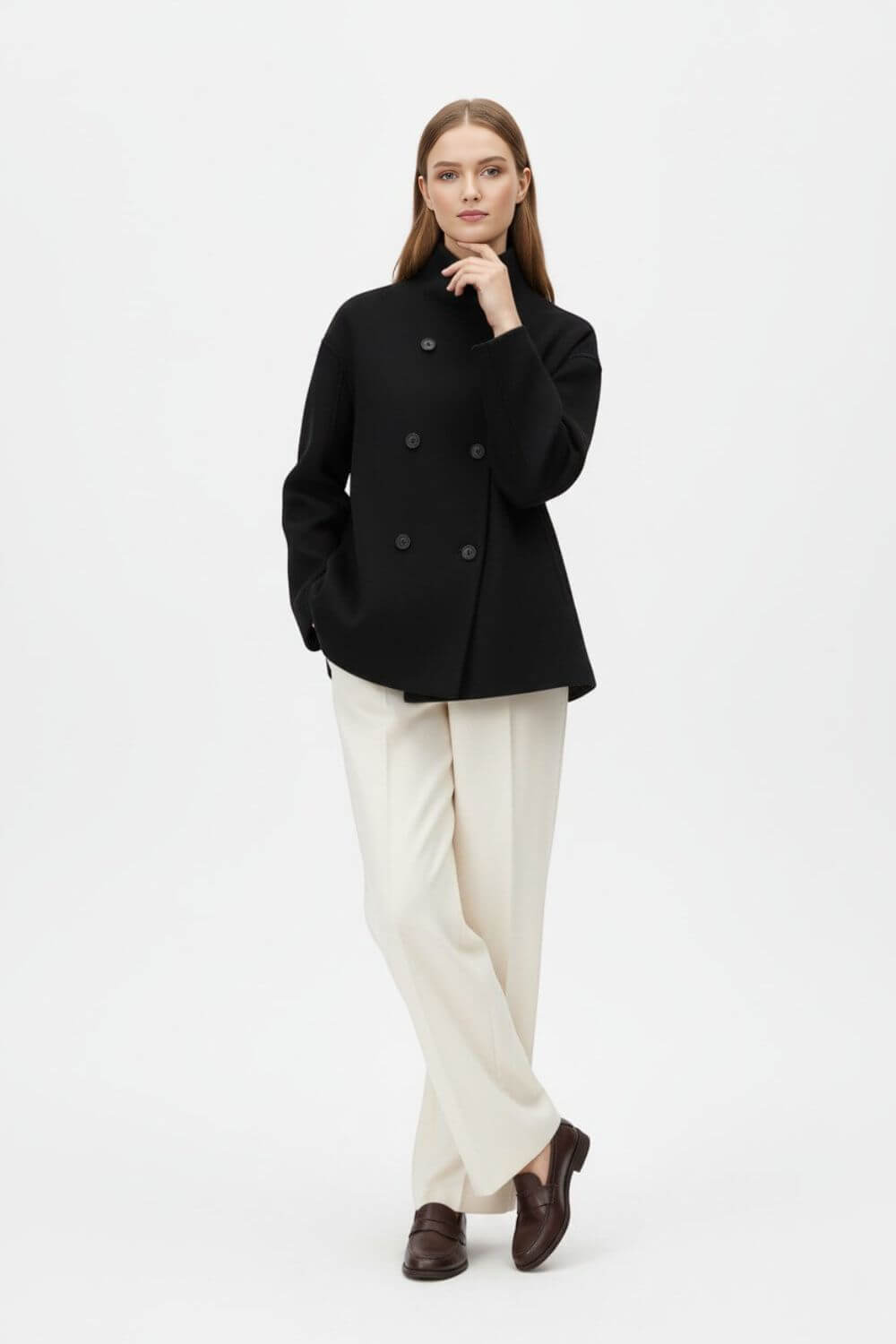 Sofia Maris | Women’s Wool Coat – Double-Breasted Tatting Weave Elegance
