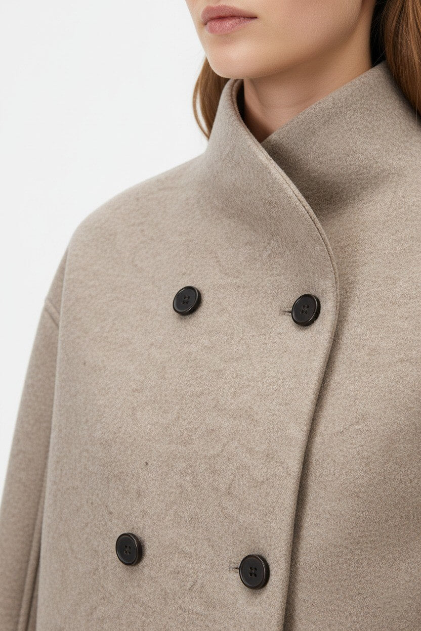 Sofia Maris | Women’s Wool Coat – Double-Breasted Tatting Weave Elegance