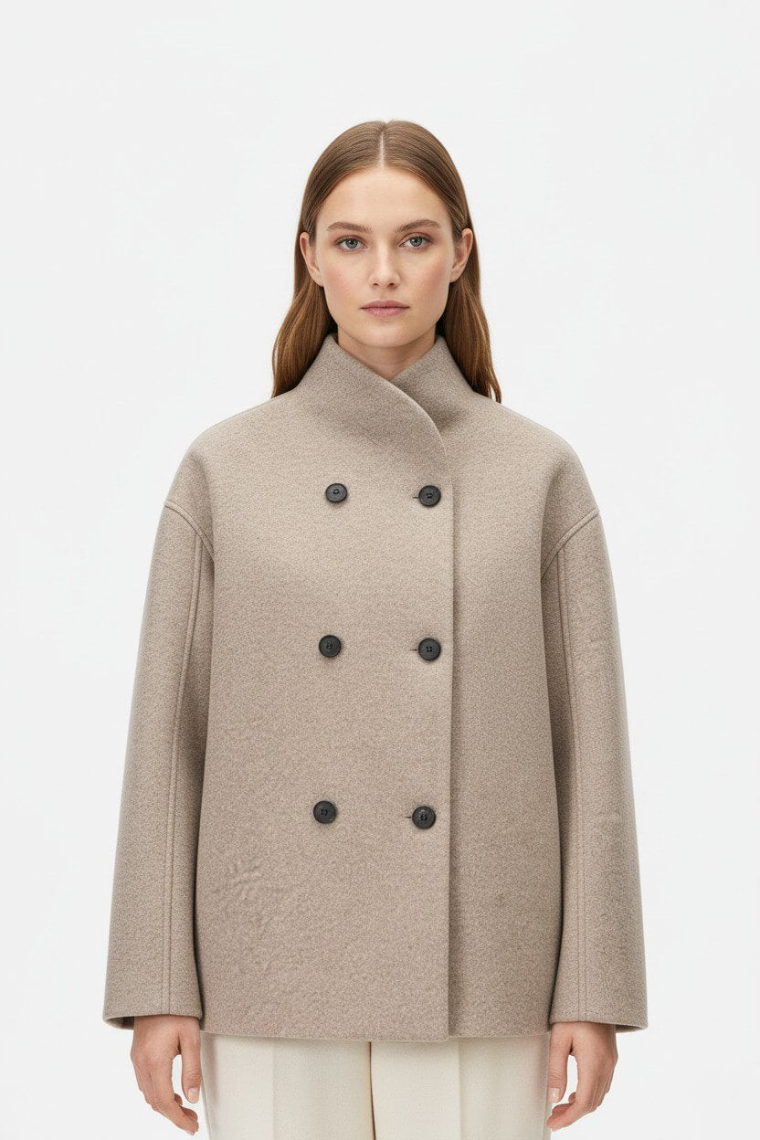 Sofia Maris | Women’s Wool Coat – Double-Breasted Tatting Weave Elegance