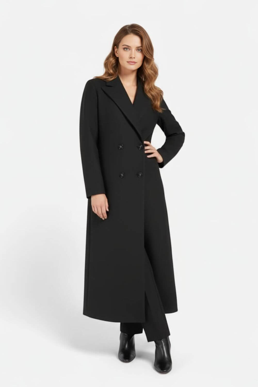 Sofia Maris Women’s Long Double-Breasted Coat – Timeless Black Sophistication - Sofia Maris